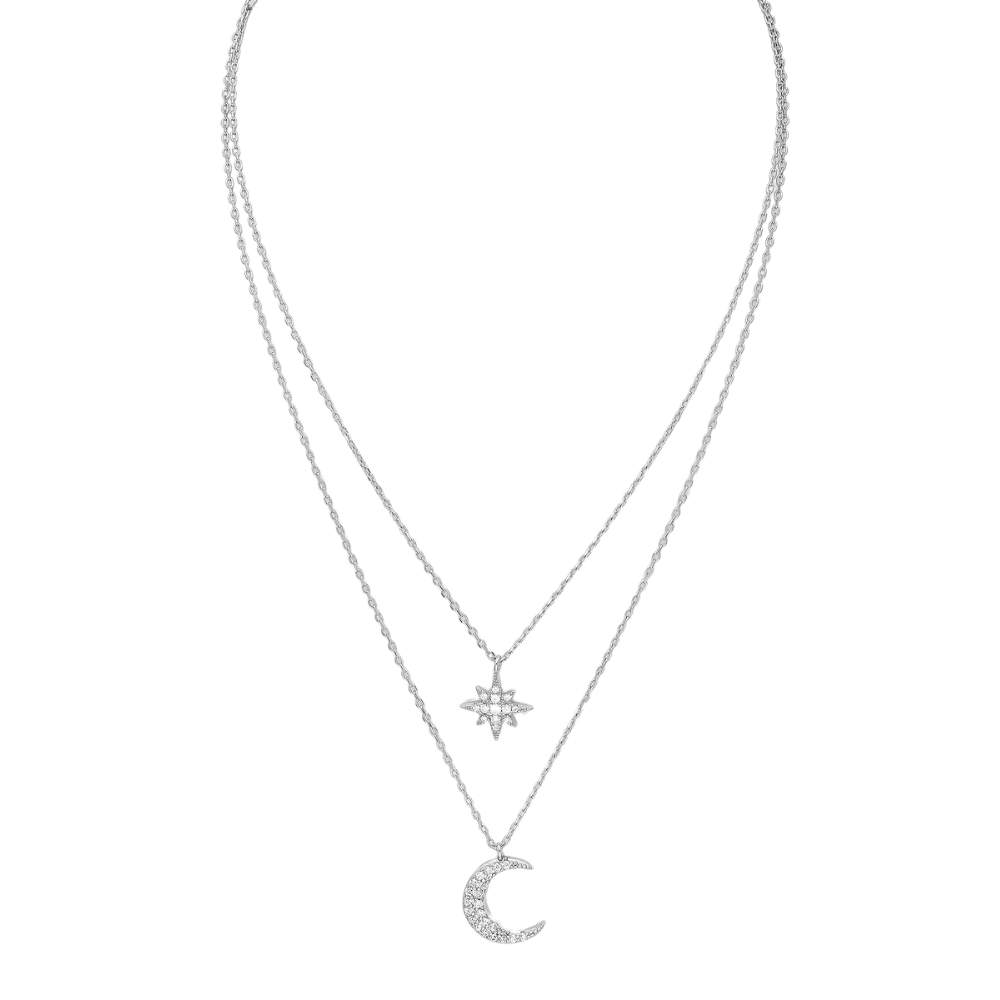 Sterling Silver & CZ Eight Point Star & Crescent Moon Layered Necklace