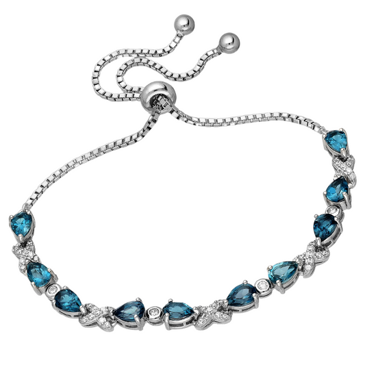 Sterling Silver London Blue Topaz & Clear CZ Teardrop Adjustable Bracelet