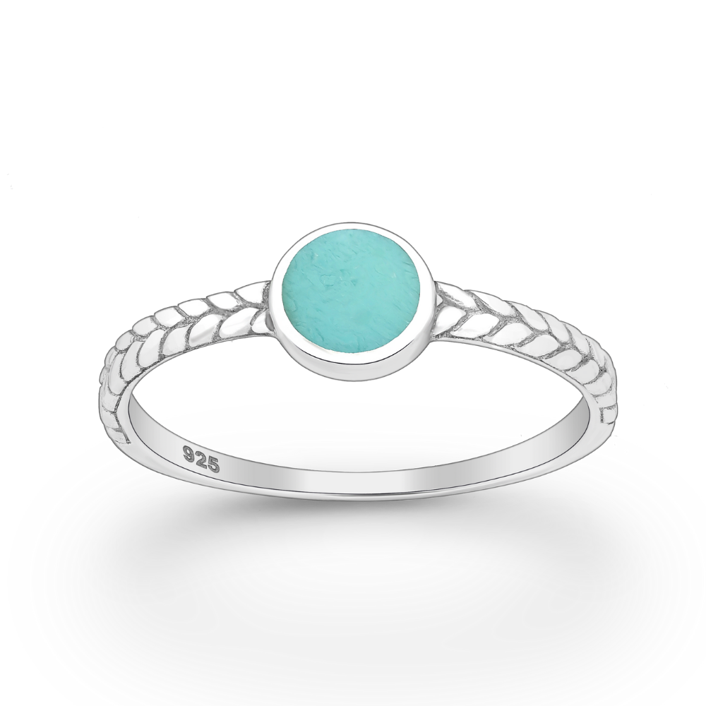 Sterling Silver Leaf Band & Simulated Turquoise Circular Ring