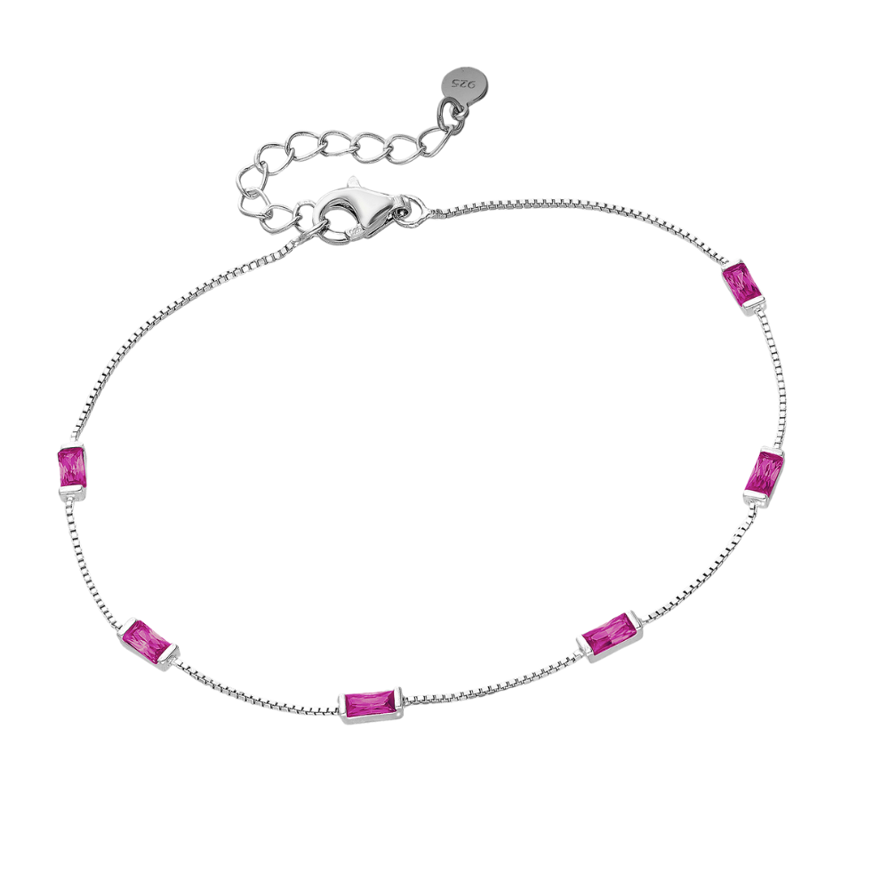sterling silver baguette gemstone station bracelet with bezel settings on an adjustable chain in ruby CZ