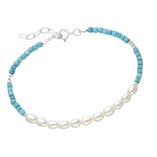 Sterling Silver Beaded Turquoise & Freshwater Pearl Bracelet