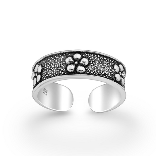 Sterling Silver Oxidized Flower Toe Ring