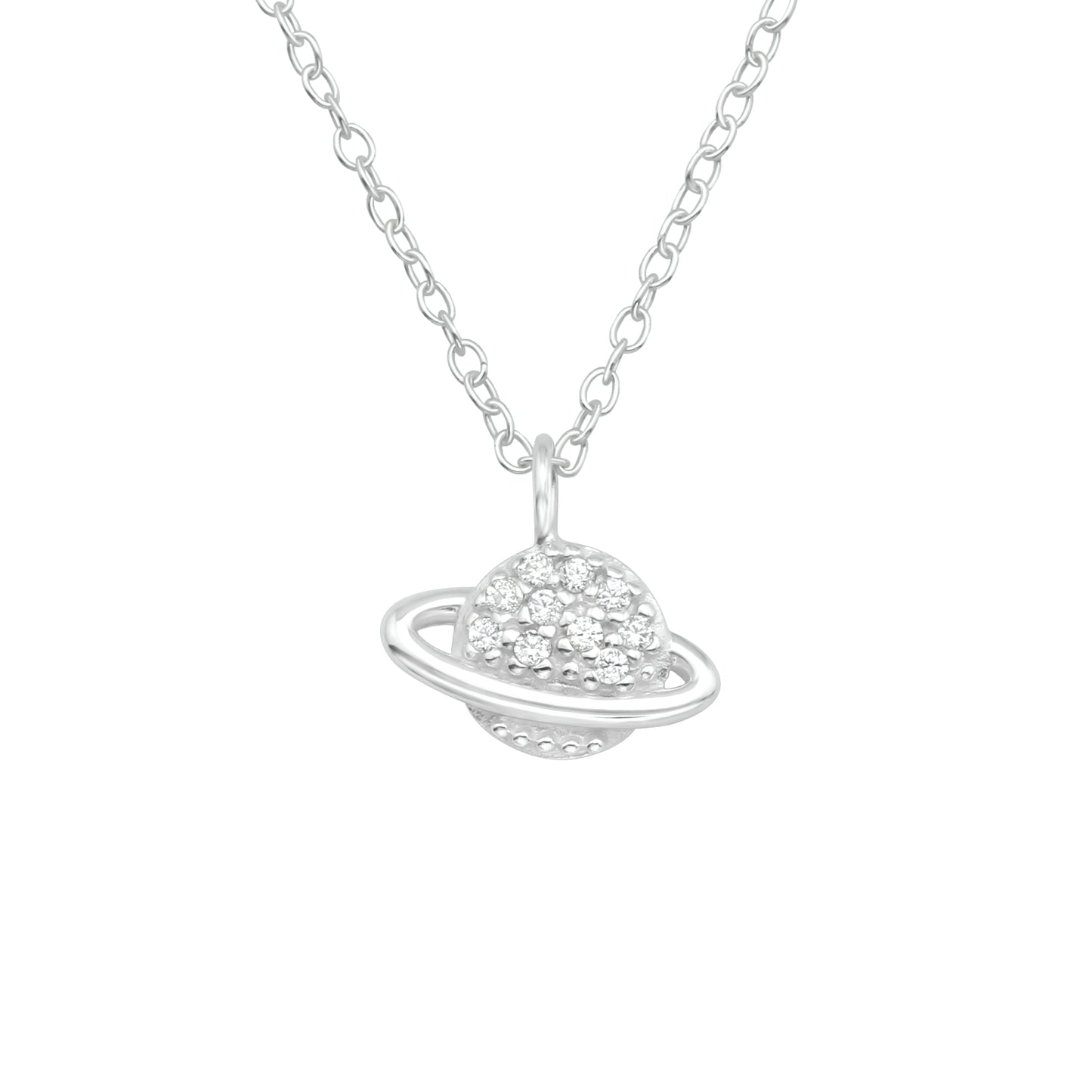 Sterling Silver Dainty CZ Pave Planet Pendant Necklace