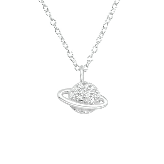 Sterling Silver Dainty CZ Pave Planet Pendant Necklace