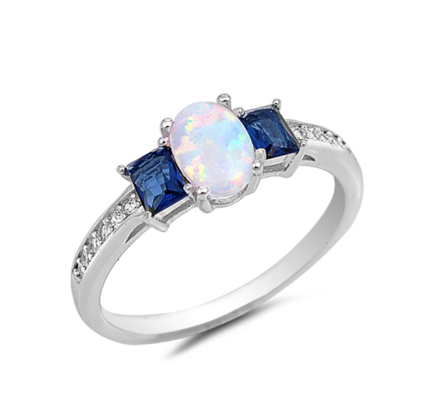 Sterling Silver White Lab Opal Oval & Sapphire Blue Square CZ Pave Band Ring