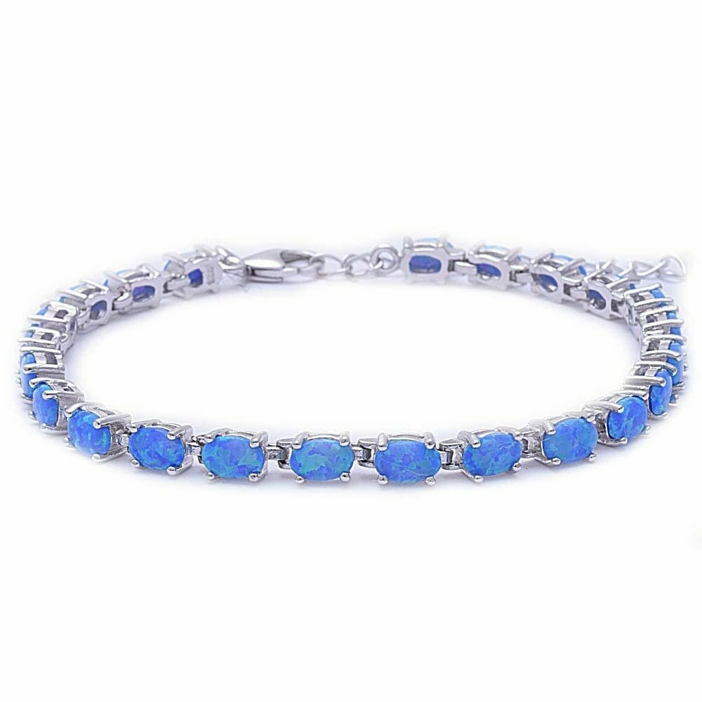 Sterling Silver Blue Lab Opal Oval Tennis Bracelet