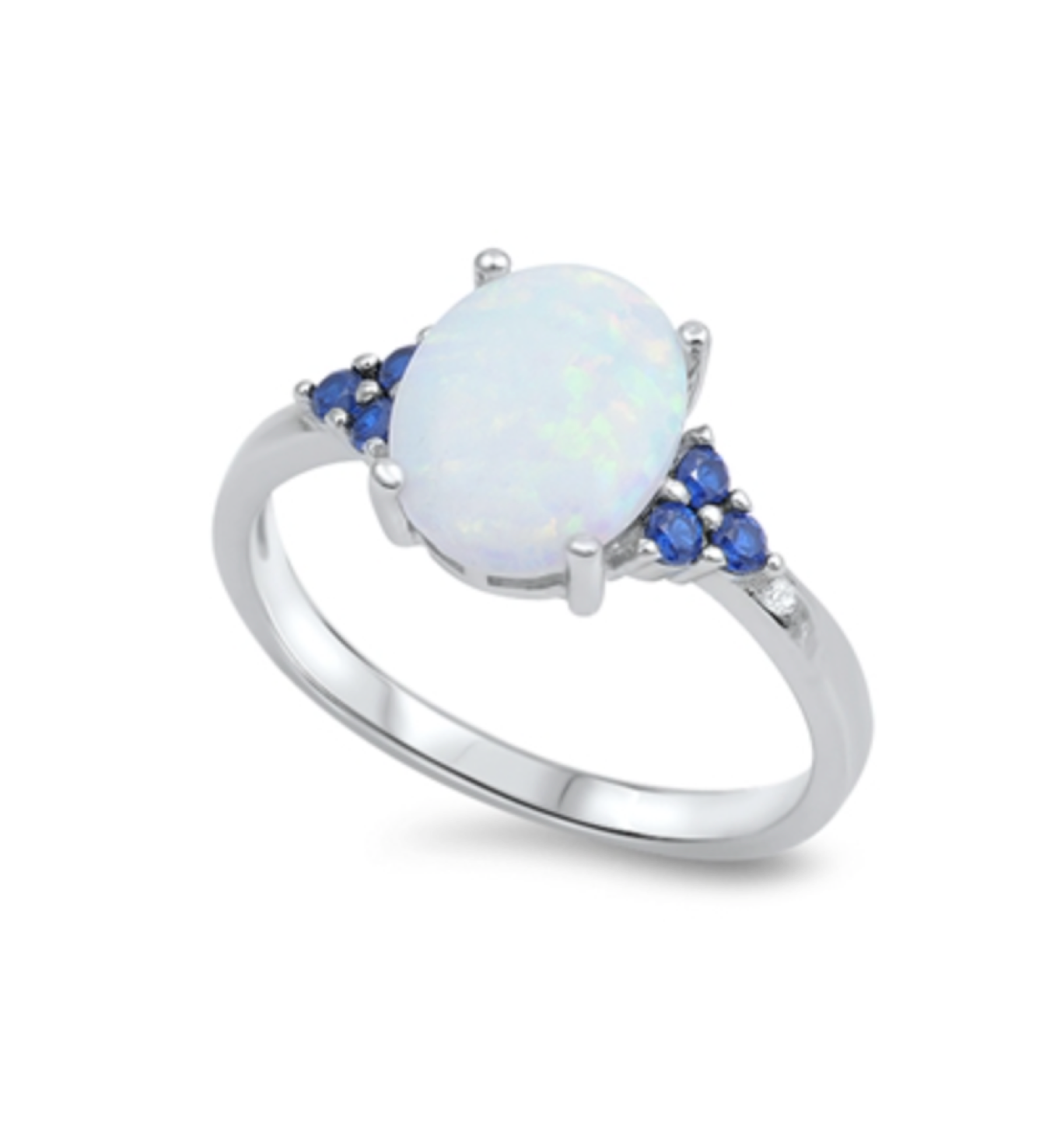 Sterling Silver White Lab Opal Oval & Triplet Blue CZ Ring