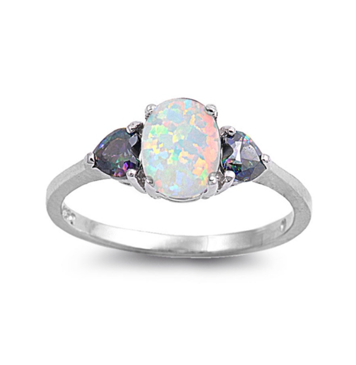 Sterling Silver White Lab Opal Oval & Rainbow Topaz CZ Clustered Ring