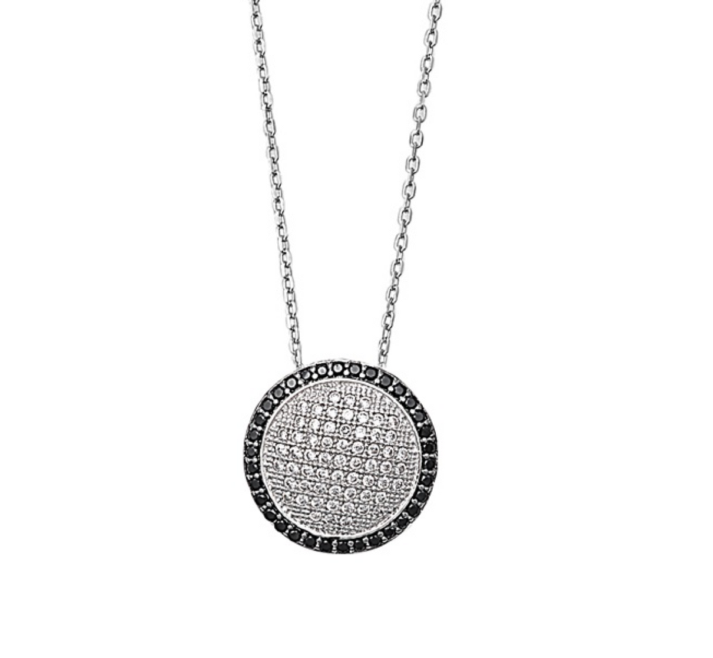 Sterling Silver CZ Pave & Black Outline Circular Pendant Necklace