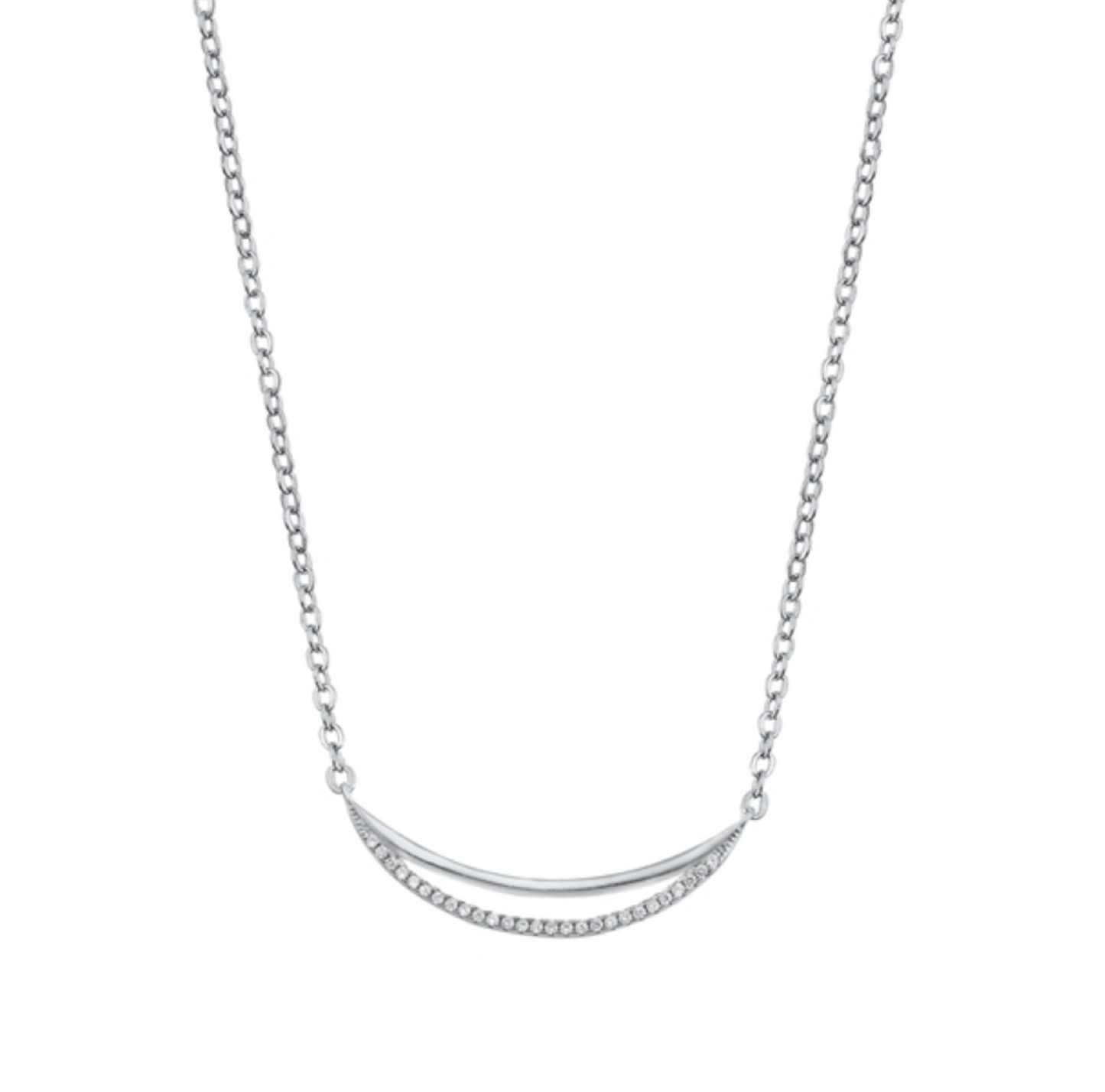 Sterling Silver & CZ Pave Open Crescent Moon Sideways Pendant Necklace