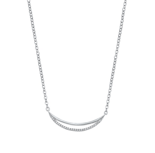 Sterling Silver & CZ Pave Open Crescent Moon Sideways Pendant Necklace