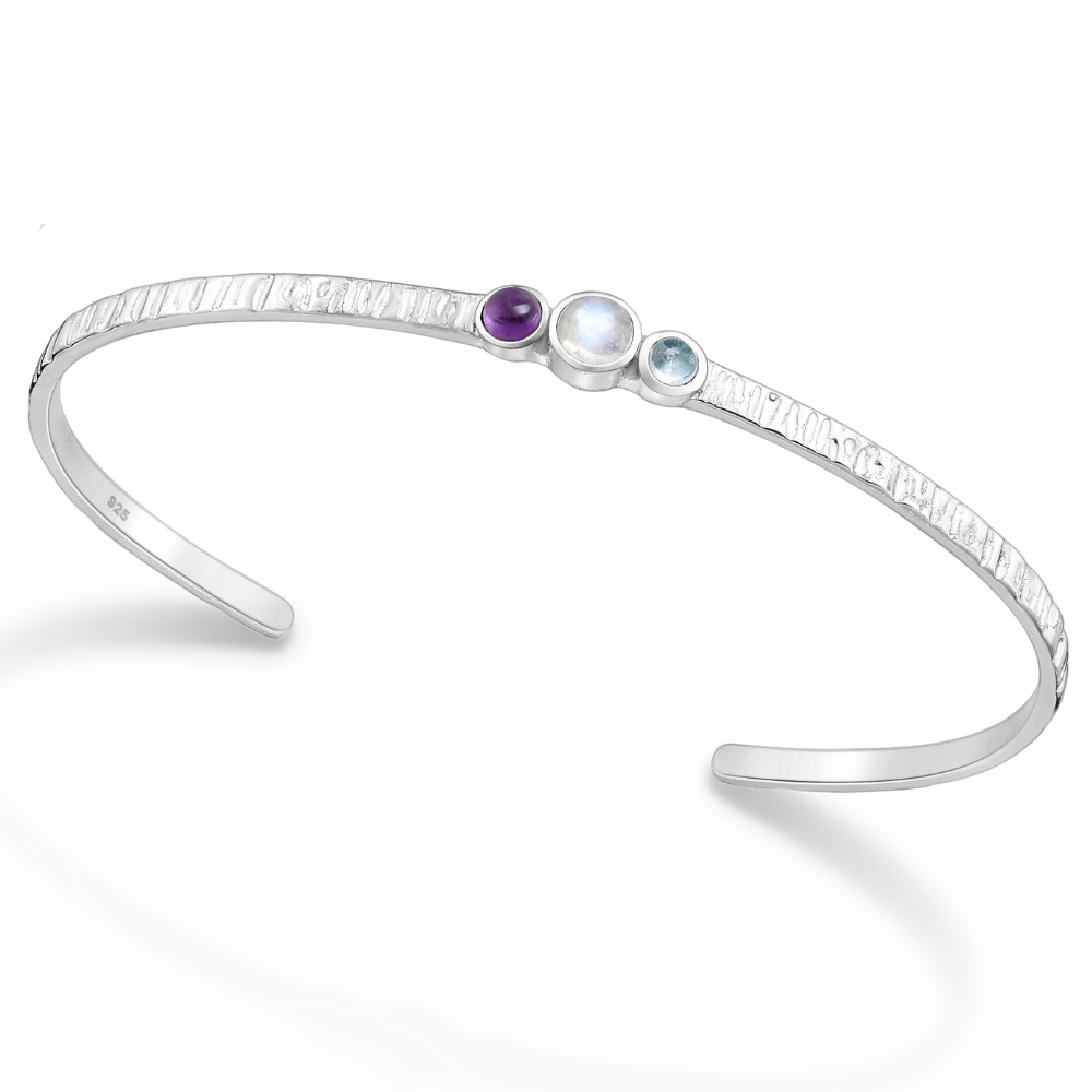 Sterling Silver Hammered Cuff Bracelet with Amethyst, Rainbow Moonstone & Sky Blue Topaz Circular Crystals