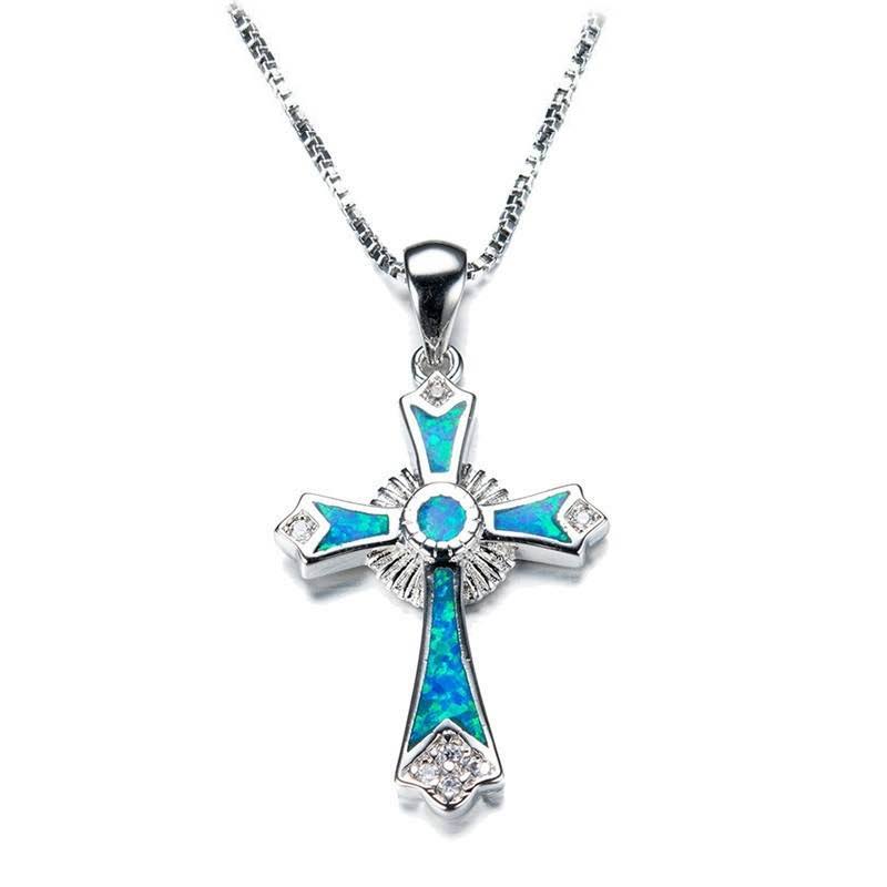 Sterling Silver & Blue Lab Opal CZ Ornate Cross Pendant Necklace