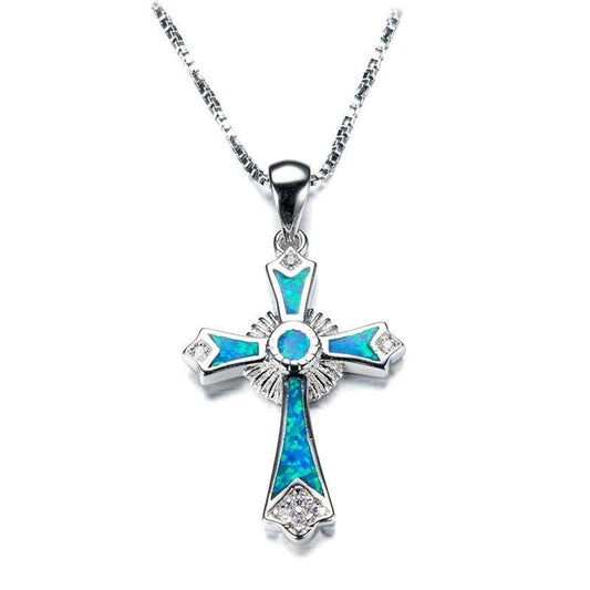 Sterling Silver & Blue Lab Opal CZ Ornate Cross Pendant Necklace