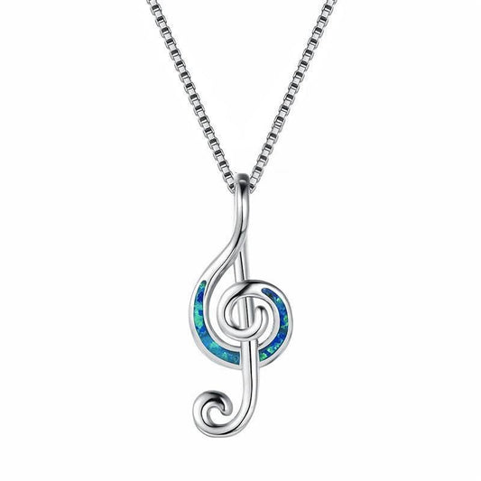 Sterling Silver & Blue Lab Opal Treble Clef Music Note Pendant Necklace