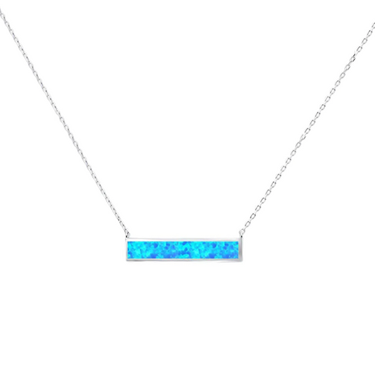 Sterling Silver & Blue Lab Opal Horizontal Bar Pendant Necklace