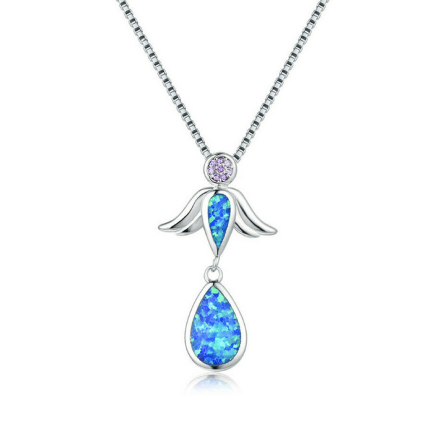 Sterling Silver & Blue Lab Opal Dual Teardrops Winged & Purple CZ Pendant Necklace