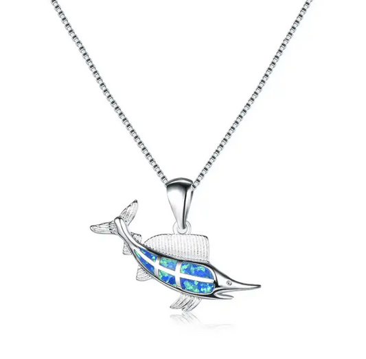 Sterling Silver & Blue Lab Opal Swordfish Pendant Necklace