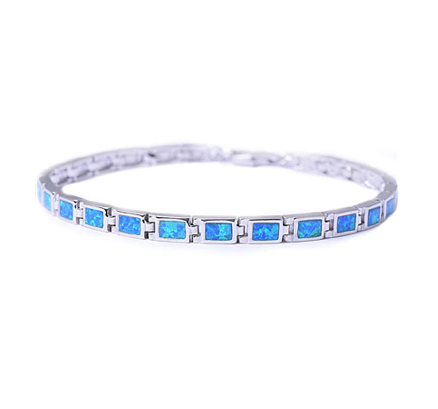 Sterling Silver & Blue Lab Opal Rectangular Linked Tennis Bracelet