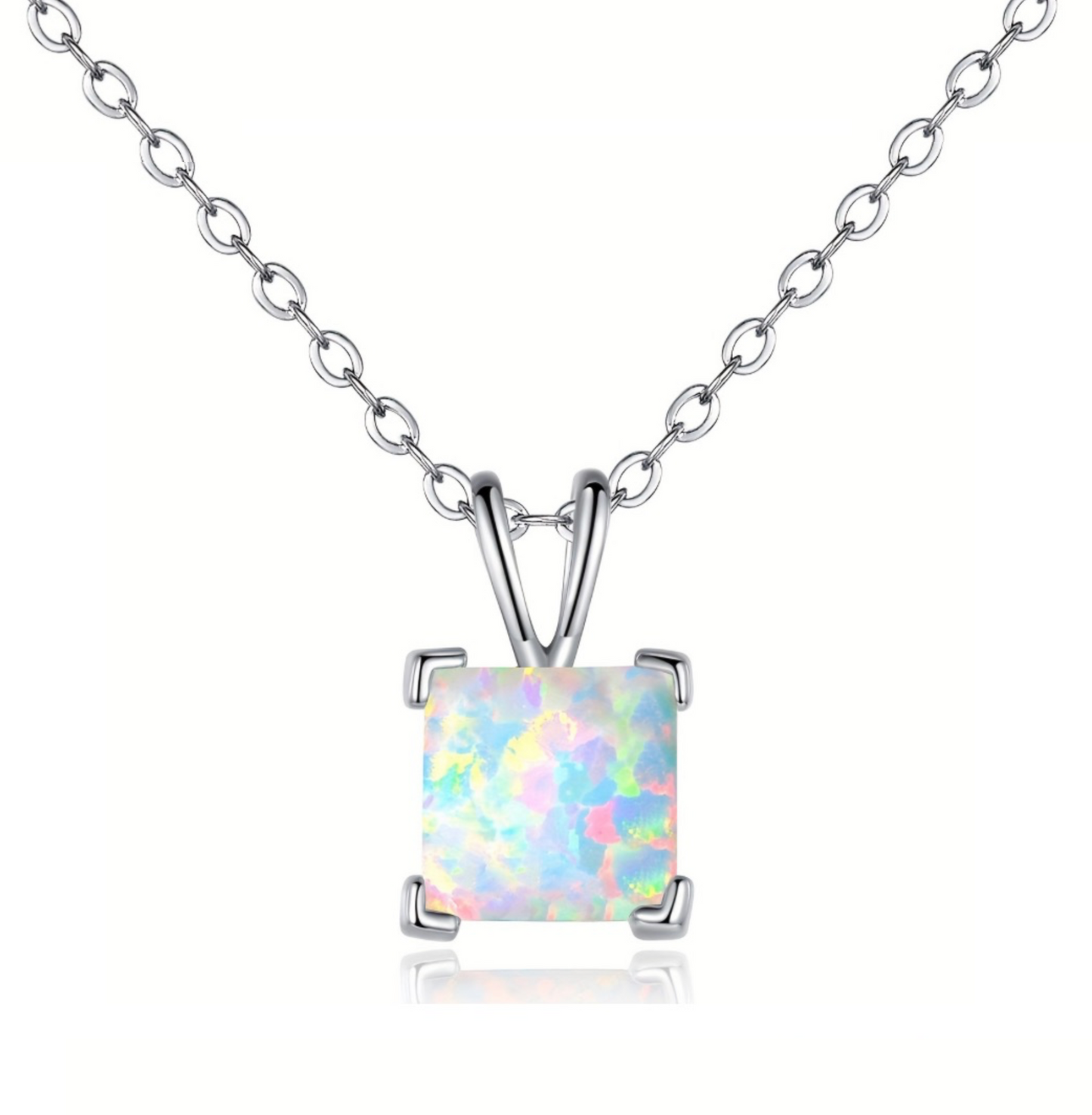 Sterling Silver White Lab Opal Square Pendant Necklace