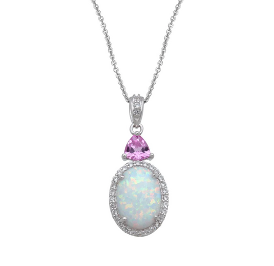 Sterling Silver White lab Opal Oval Pendant with Pink CZ