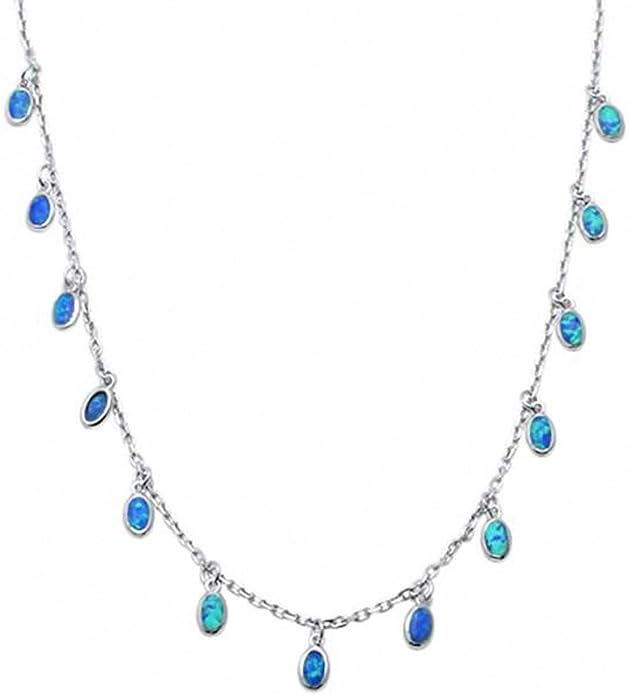 Sterling Silver & Blue Lab Opal Oval Drops Necklace