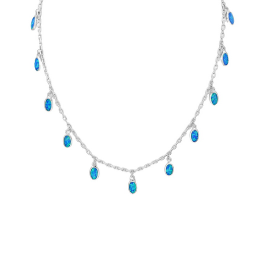 Sterling Silver & Blue Lab Opal Oval Drops Necklace