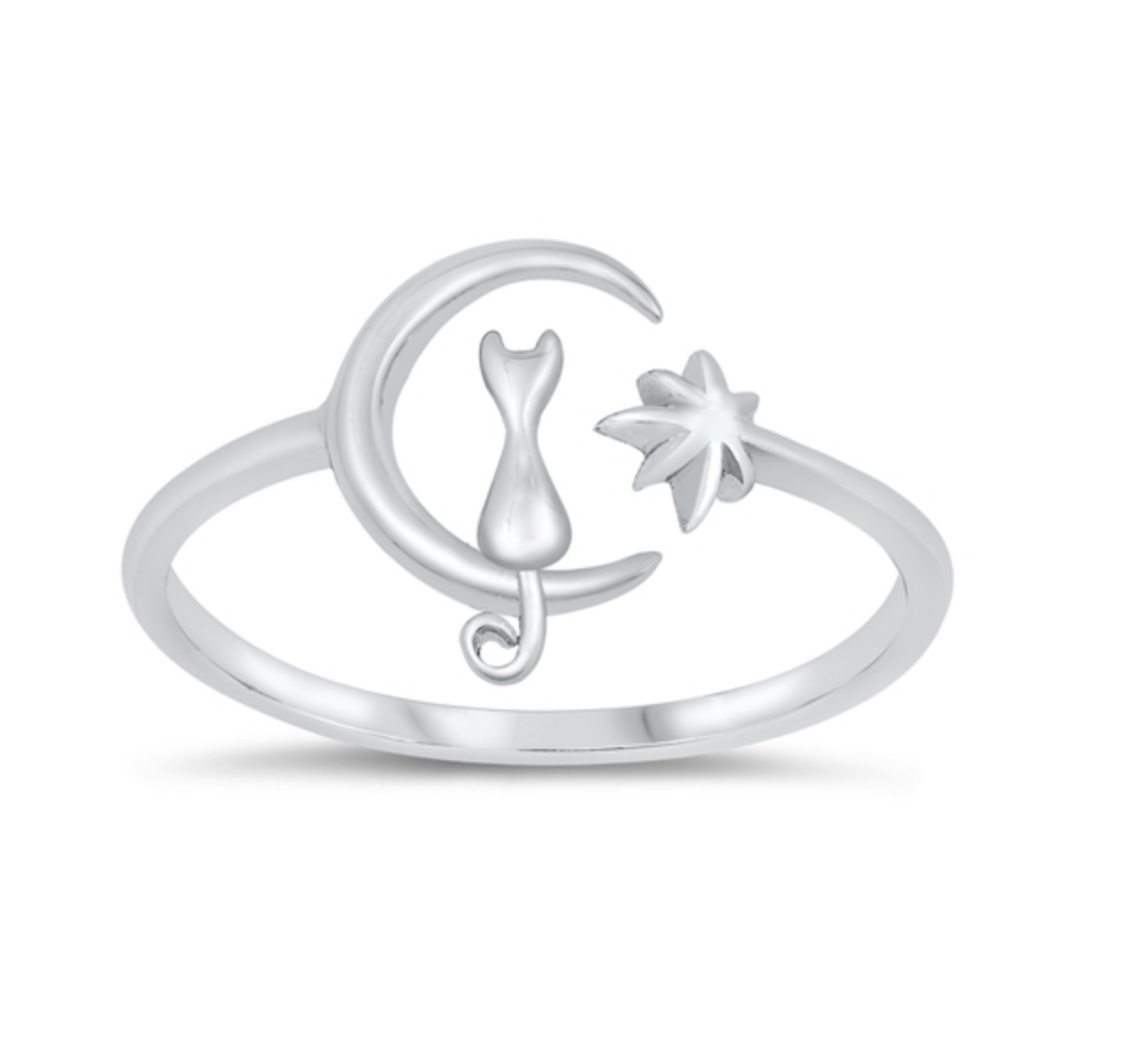 Sterling Silver Cat on Crescent Moon & Star Ring