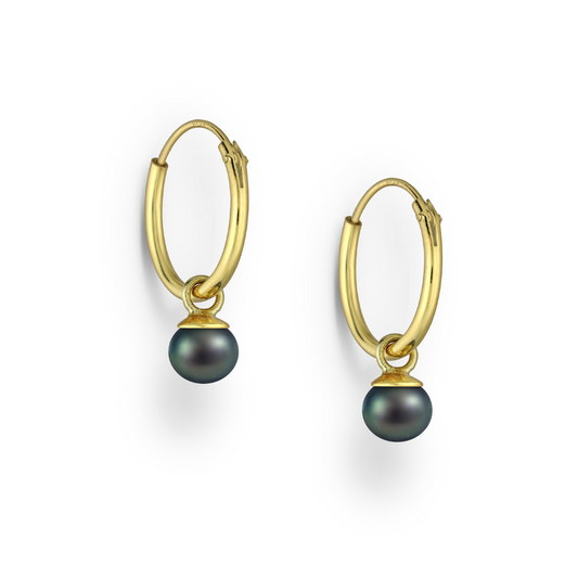 Gold Plated Sterling Silver Huggie Hoop Earrings with Black Freshwater Pearl