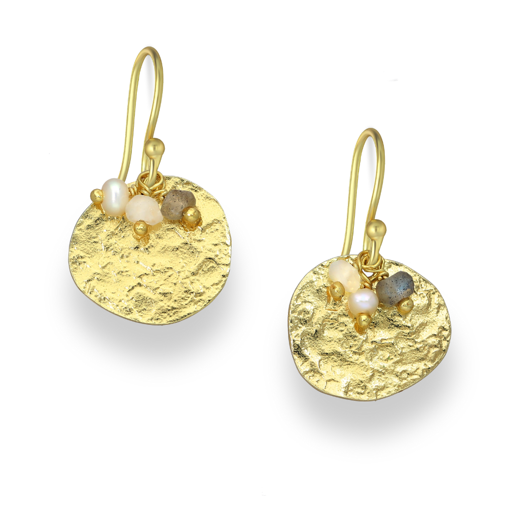 18K Goldtone Plated Sterling Silver Hammered Circular Mix CZ Gemstone Drop Earrings