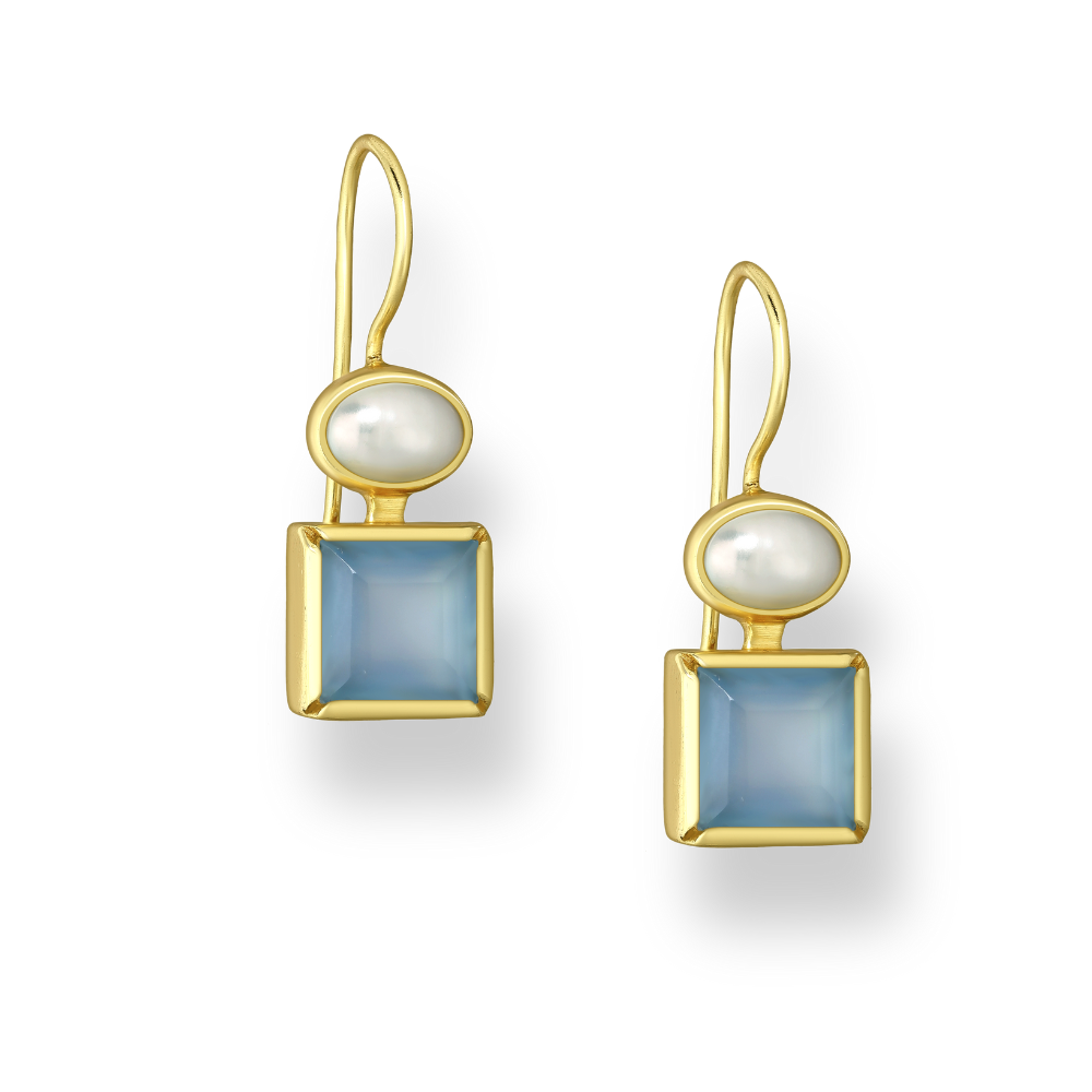 Gold Plated Sterling Silver Freshwater Pearl & Square Blue Chacedony Drop Earrings