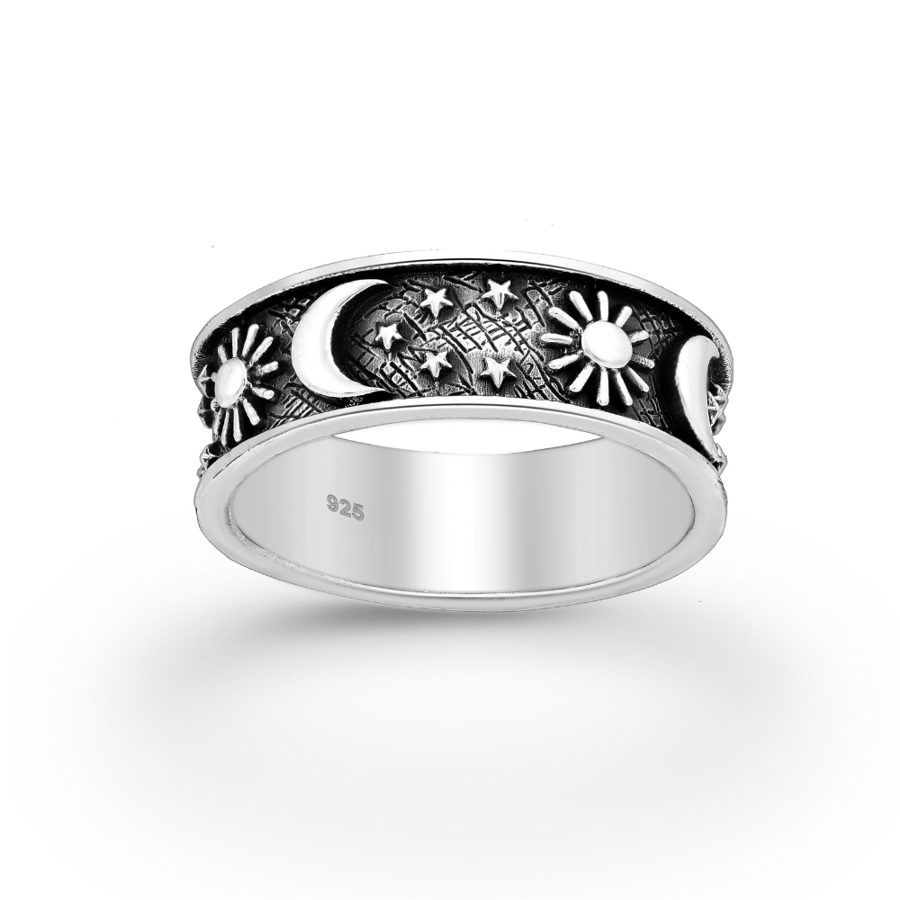 Sterling Silver Oxidized Celestial Moon, Star & Sun Band Ring