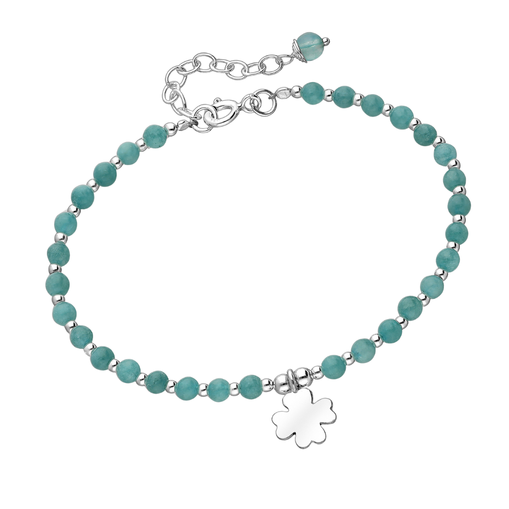 Sterling Silver Semi-Precious Gemstone Beaded Bracelet with Clover Charm