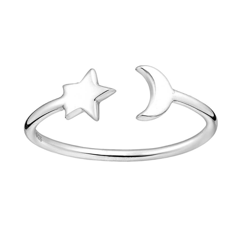 Sterling Silver Adjustable Dainty Moon & Star Ring