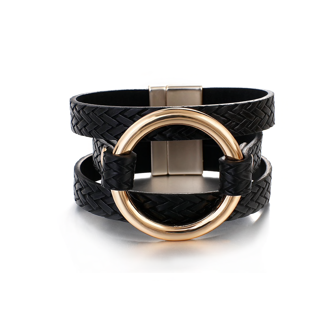 Black Faux Leather Goldtone Ring Bracelet