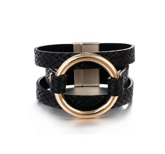 Black Faux Leather Goldtone Ring Bracelet