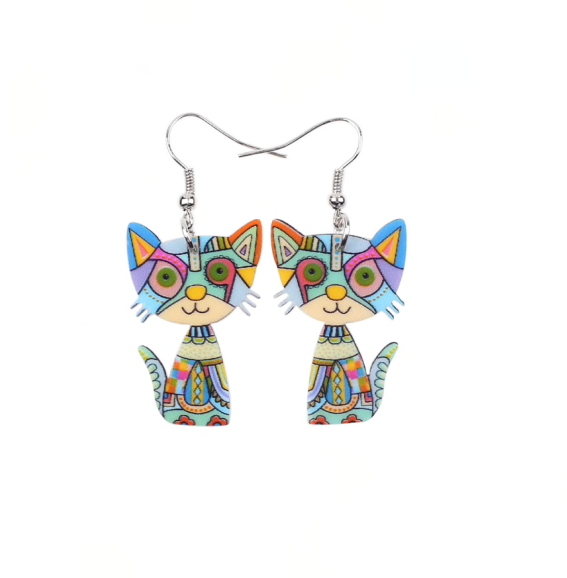 Original blue multicolour patchwork acrylic cat earrings, left and right pair