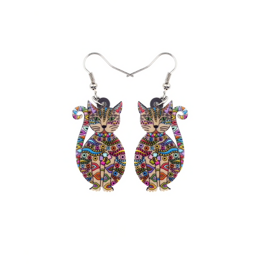 Pink & Blue Resin Mosaic Cat Drop Earrings