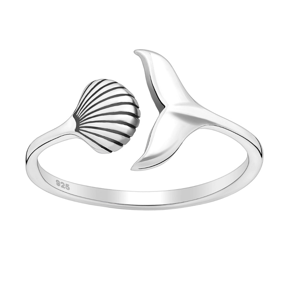 Sterling Silver Shell & Fish Tail Adjustable Ring