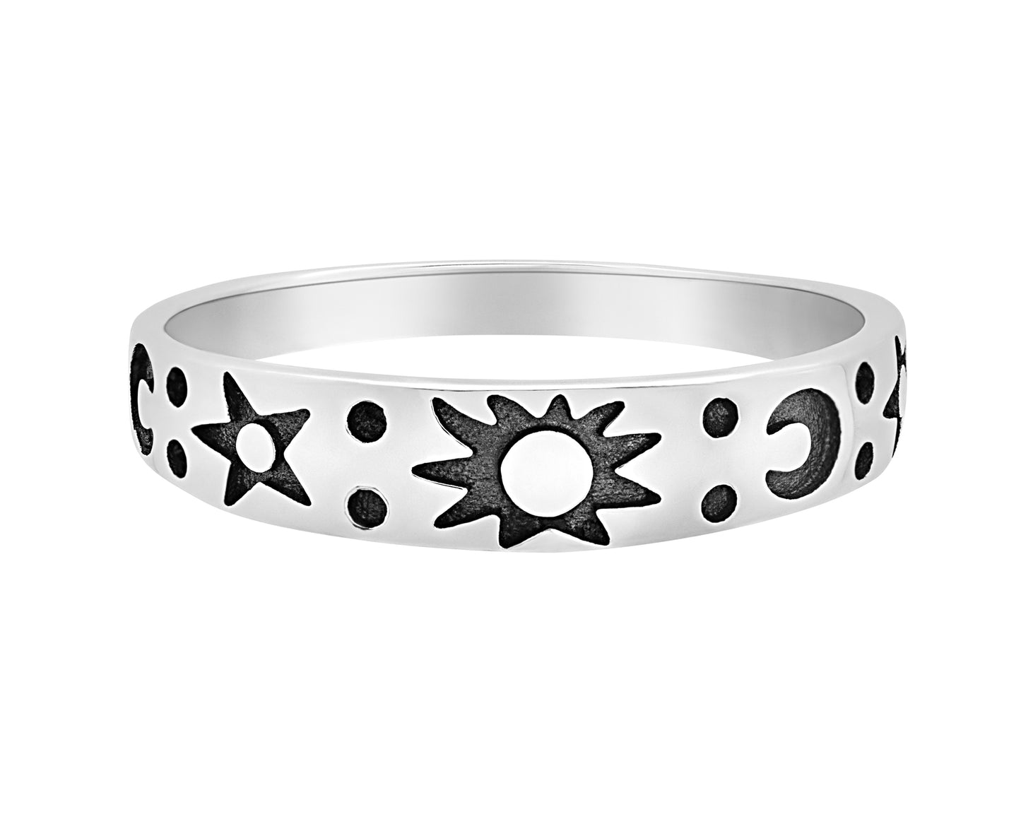 Sterling Silver Oxidized Carved Sun & Moon Ring