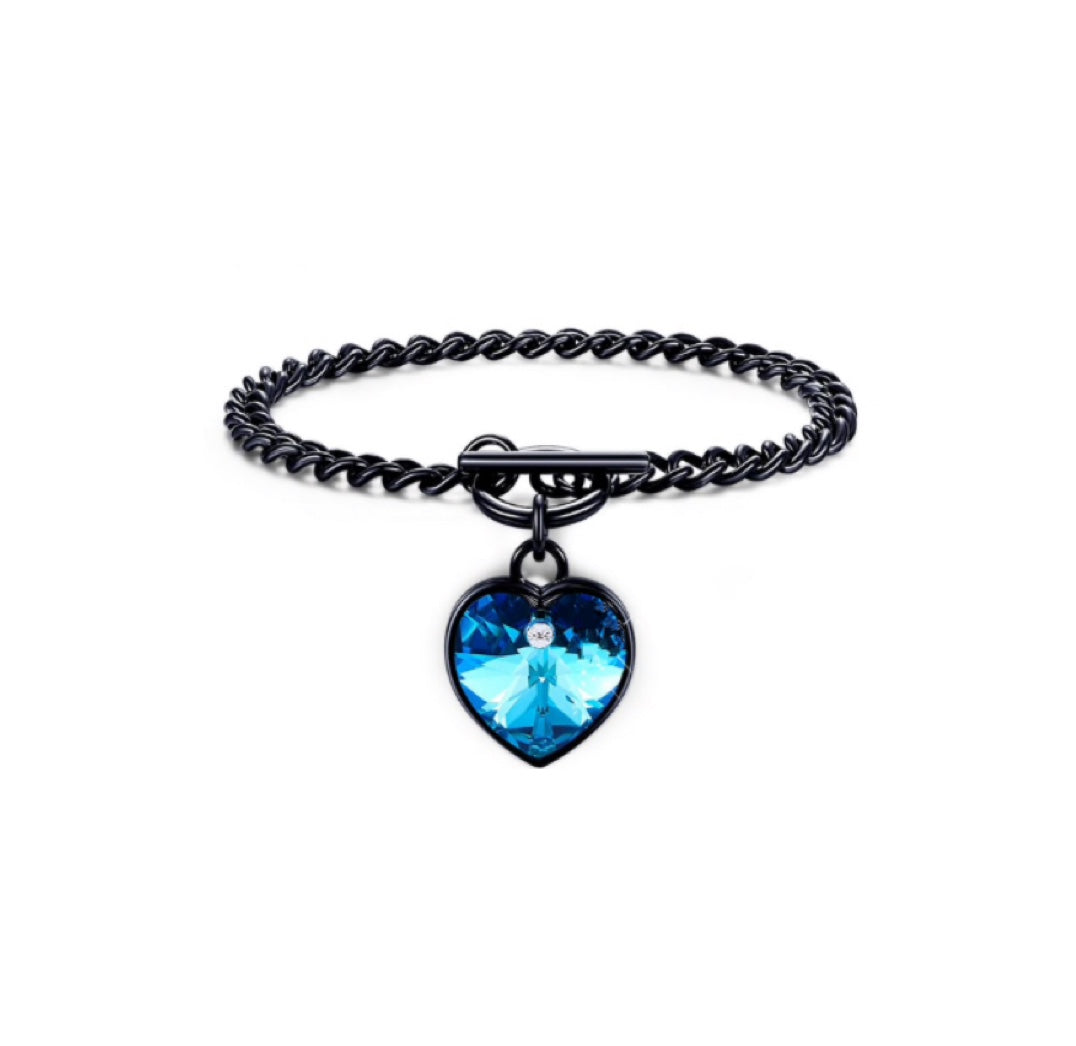 Bermuda Blue Heart Crystal Toggle Bracelet In Gunmetal