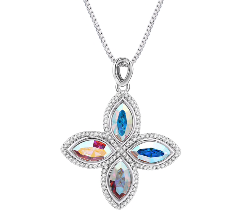 Aurora Borealis Swarovski Crystal Flower Pendant Necklace