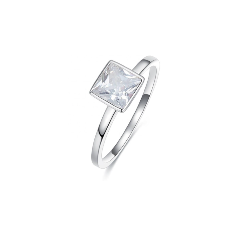 Rhodium plated Princess cut Solitaire Crystal ring with Swarovski