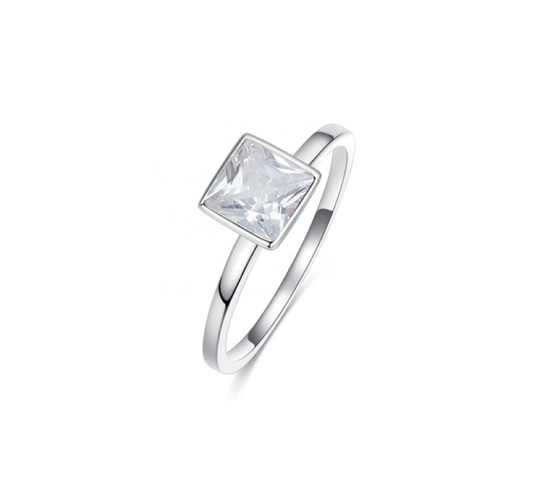 Rhodium plated Princess cut Solitaire Crystal ring with Swarovski