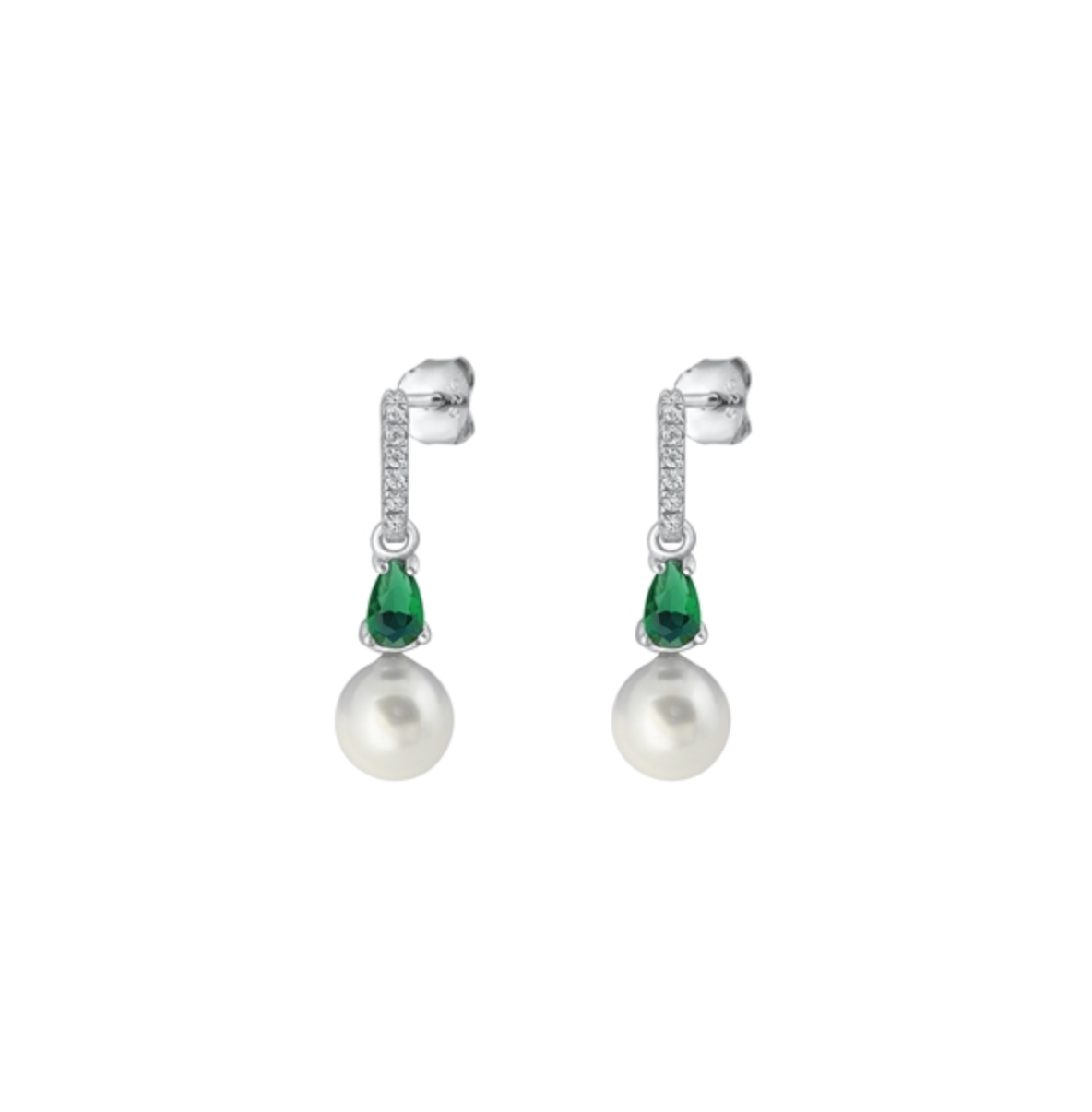 Sterling Silver & Green Cubic Zirconia Drop Earrings with Pearl