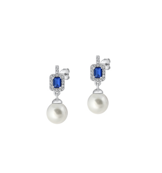 Sterling Silver & Blue Cubic Zirconia Drop Earrings with Pearl