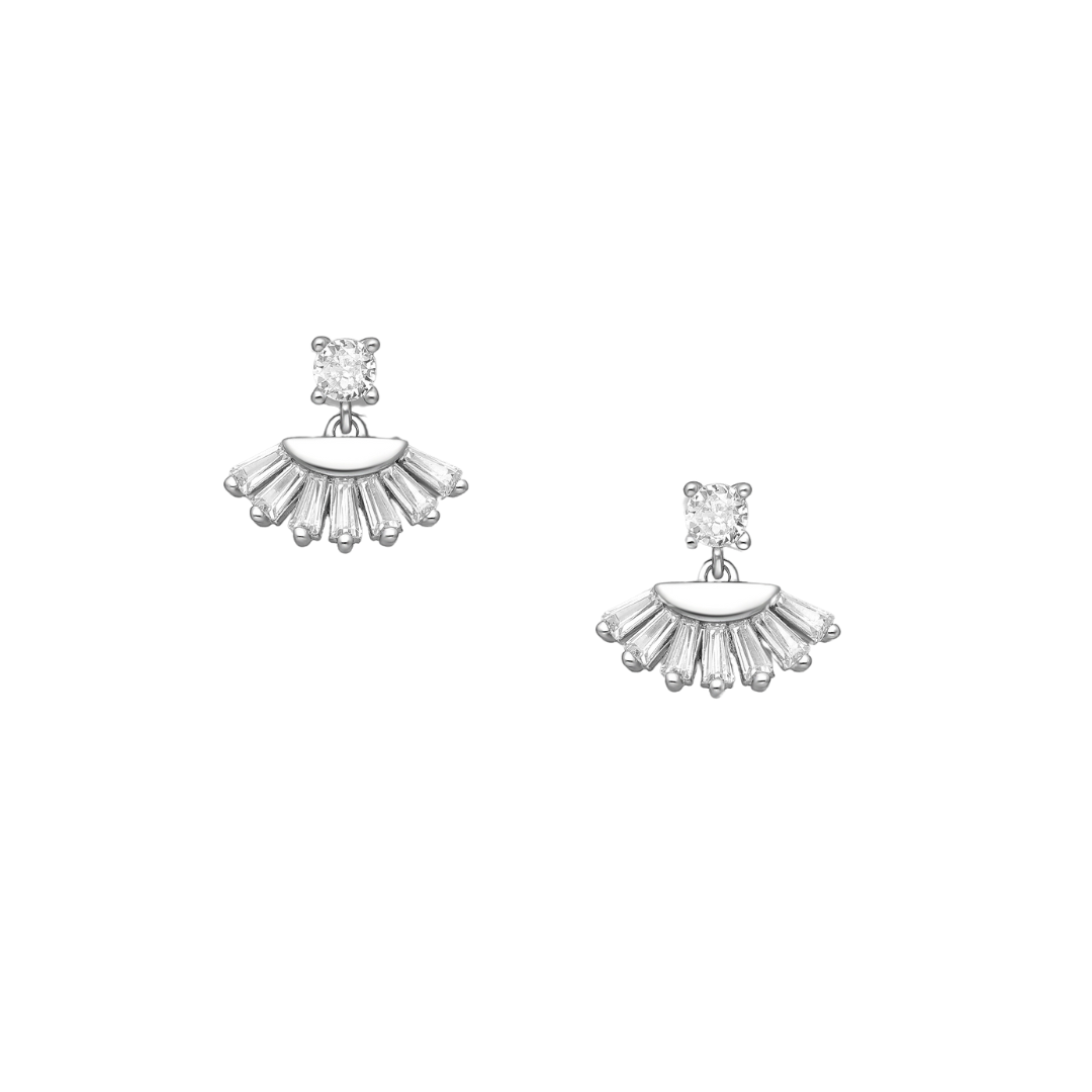 Elegant CZ Fan-Design Earrings – Sterling Silver with Rhodium Plating