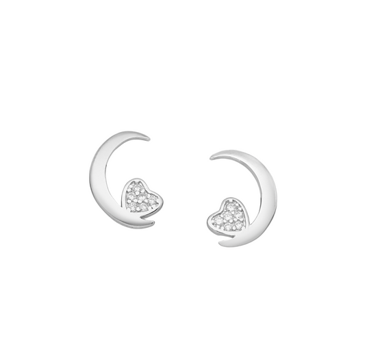 Sterling Silver Cubic Zirconia Crescent Moon Heart Stud Earrings