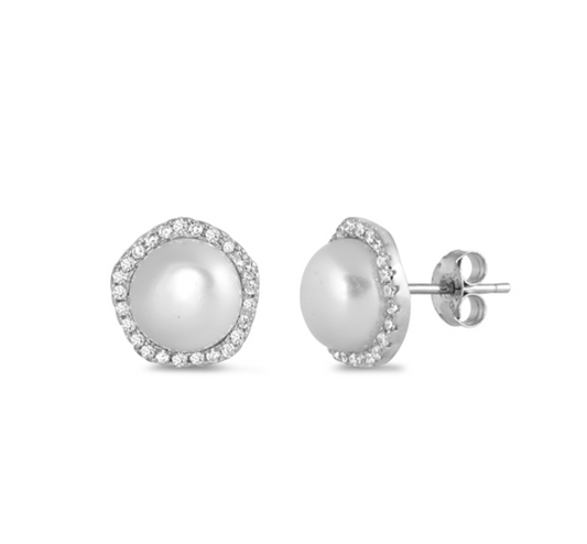 Sterling Silver & Cubic Zirconia Stud Earrings with Pearl