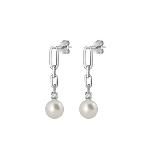 Sterling Silver & Cubic Zirconia Drop Chain Earrings Pearl